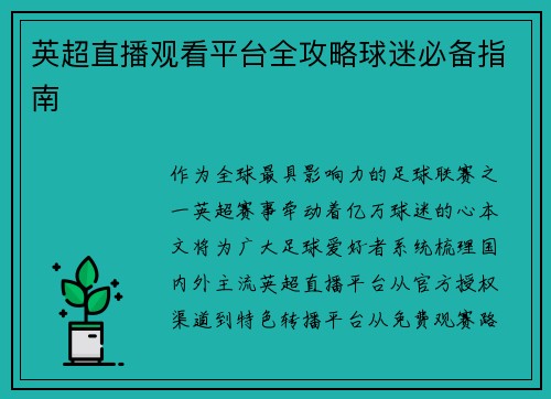 英超直播观看平台全攻略球迷必备指南
