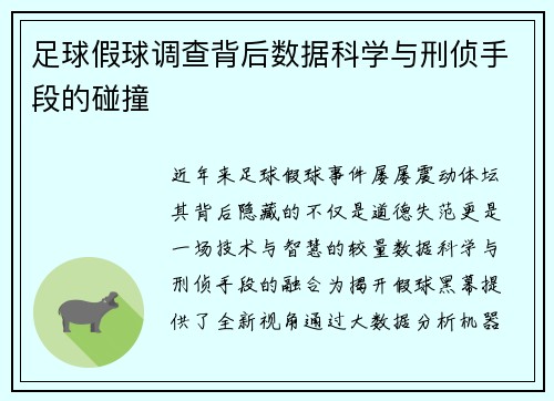 足球假球调查背后数据科学与刑侦手段的碰撞